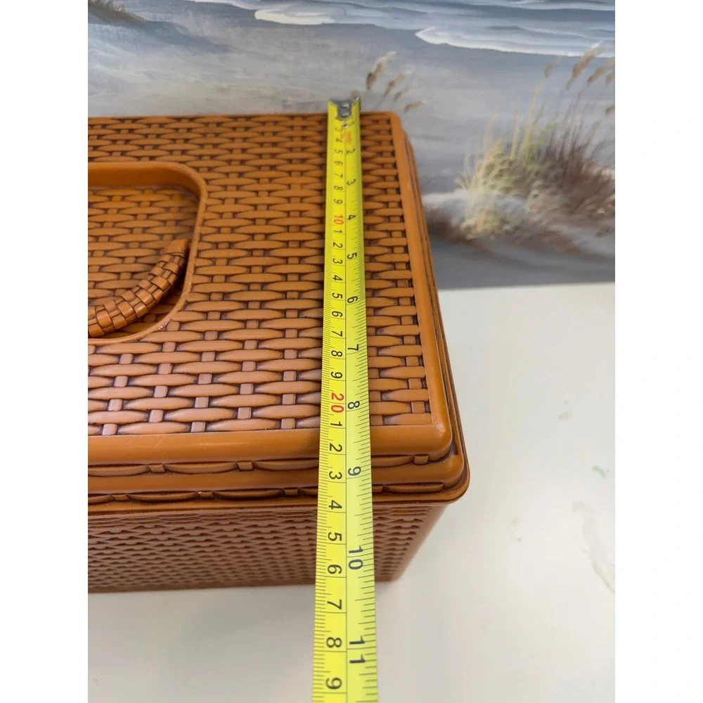 Vintage Burnt Orange Faux Wicker Plastic Sewing Basket Box with Tray & Thread - Picture 11 of 11